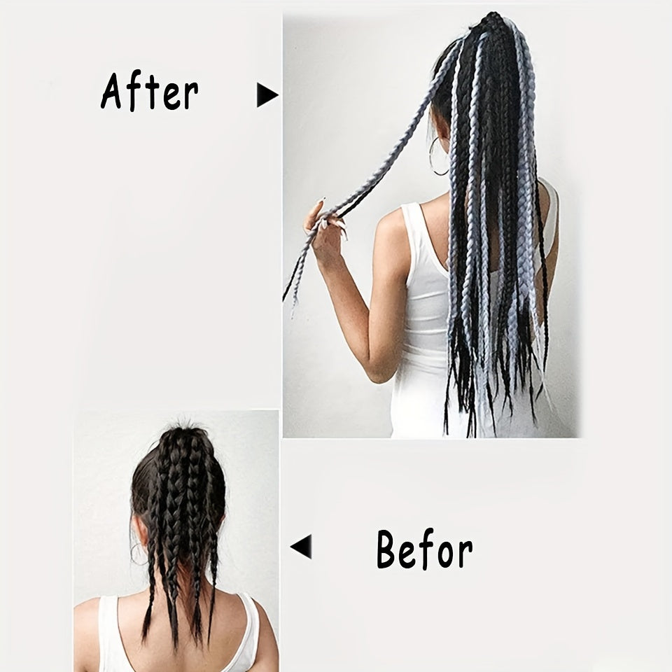 [High-Temperature Synthetic Hair Extension] 24-Strand High-Temperature Synthetic Hair Box Braided Ponytail Extension for Women - Versatile Straight Style in Black & White - Elastic Band Hair Accessories