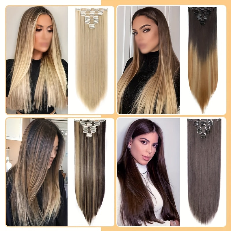 8pcs/Set Clip In Hair Extensions Straight 23inch/58cm Long Thick Synthetic Hair Piece High Temperature Fiber Double Weft Heat Resistant Fiber 8pcs Full Head Clip In Hairpieces Highlight Pure Colors for Women Daily Party Festival Gift