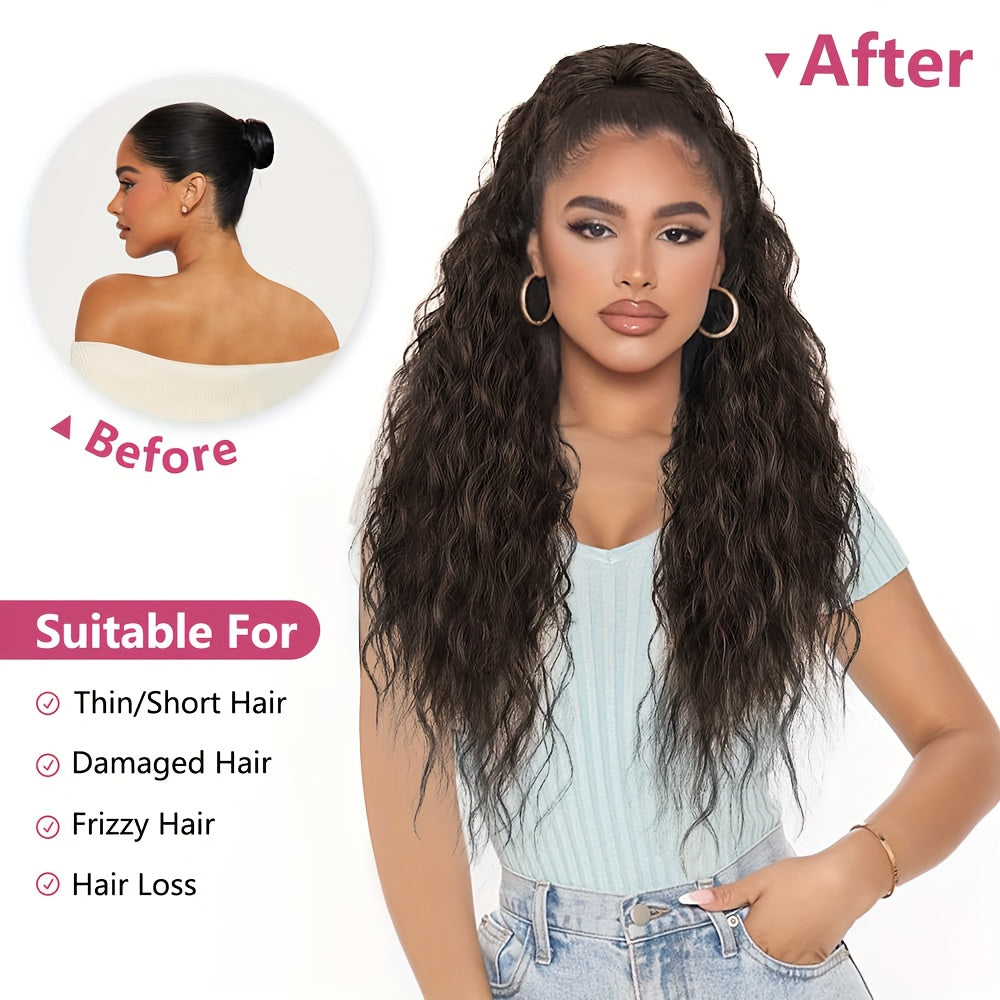[28" Brown Ponytail] YUSULAXI 28-Inch Brown Wavy Ponytail Extension | High Temperature Fiber Clip-In Tailpiece | Synthetic Hairpiece for Ladies