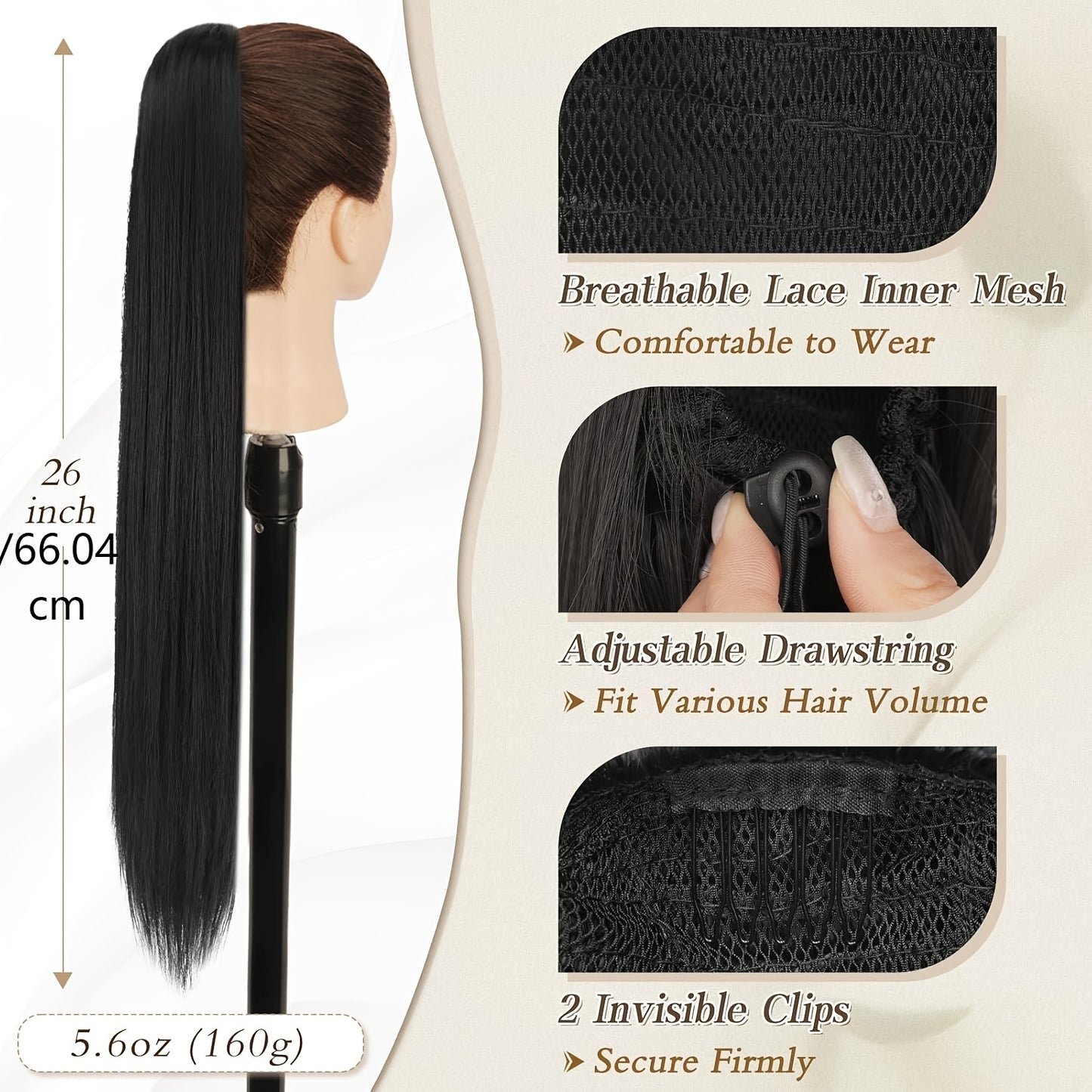 BARSDAR 66.04cm Straight Brown Clip-In Ponytail Hair Extensions - Heat-Resistant Synthetic Fiber Ponytail with Multi-Layered Hair Tail & Drawstring Closure, Natural-Looking Volume & Shine for Women, Daily Use & Special Events (No Maintenance Required)
