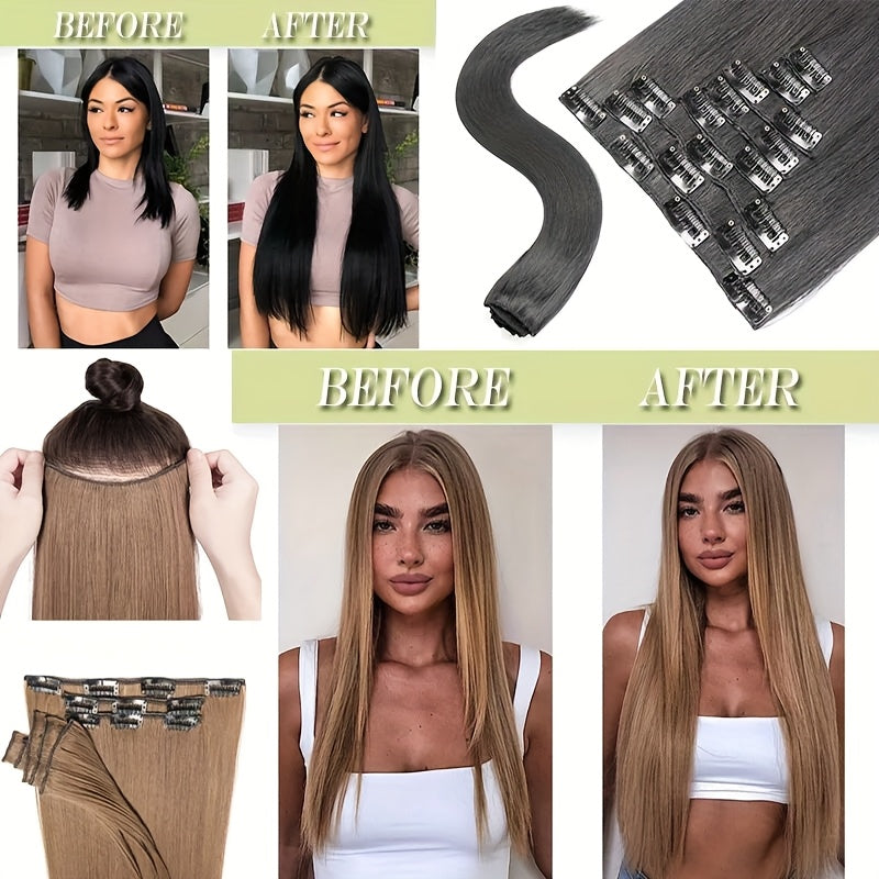 8pcs/Set Clip In Hair Extensions Straight 23inch/58cm Long Thick Synthetic Hair Piece High Temperature Fiber Double Weft Heat Resistant Fiber 8pcs Full Head Clip In Hairpieces Highlight Pure Colors for Women Daily Party Festival Gift