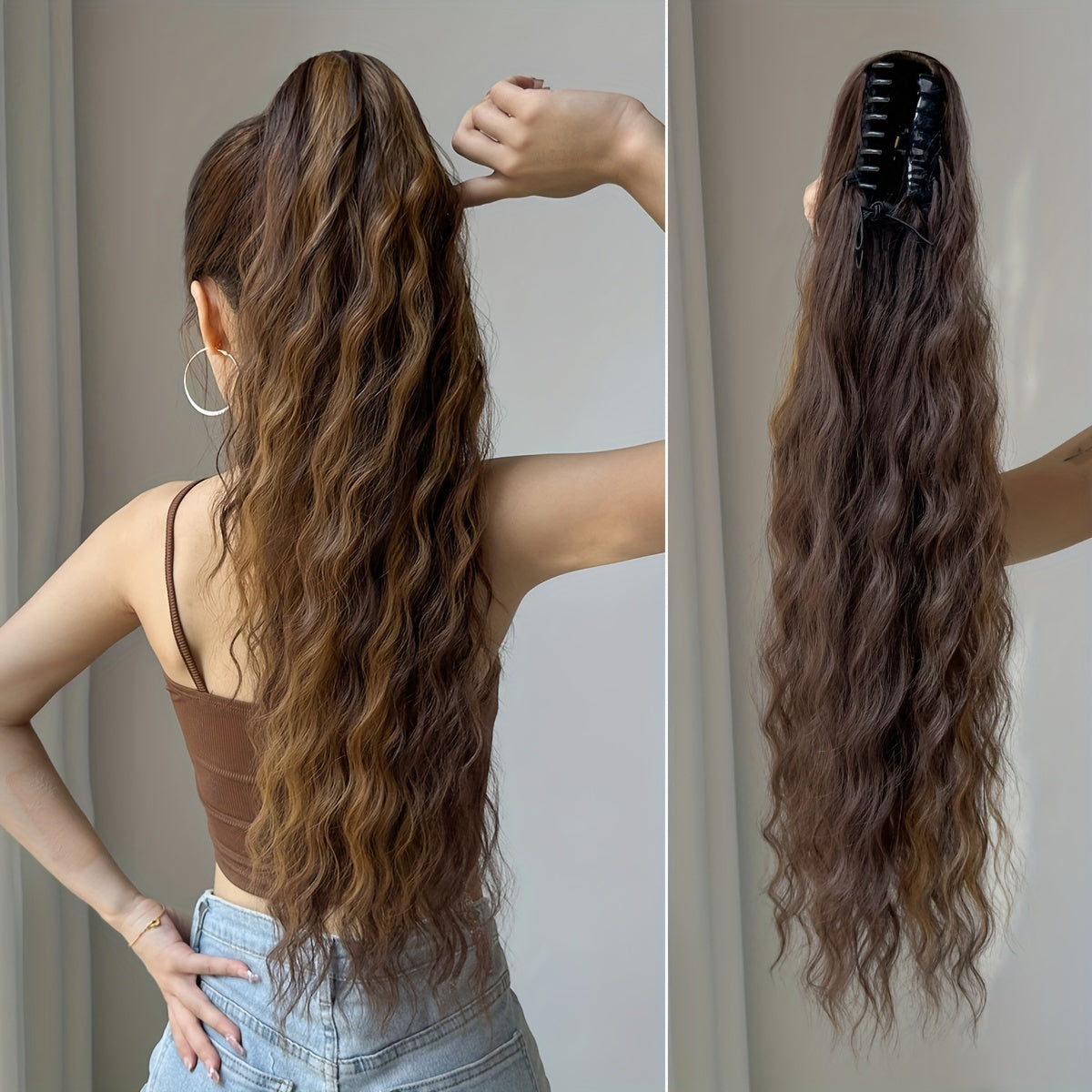 [28" Brown Ponytail] YUSULAXI 28-Inch Brown Wavy Ponytail Extension | High Temperature Fiber Clip-In Tailpiece | Synthetic Hairpiece for Ladies