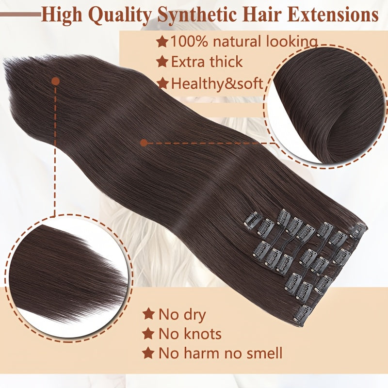 8pcs/Set Clip In Hair Extensions Straight 23inch/58cm Long Thick Synthetic Hair Piece High Temperature Fiber Double Weft Heat Resistant Fiber 8pcs Full Head Clip In Hairpieces Highlight Pure Colors for Women Daily Party Festival Gift