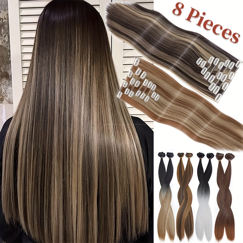 8pcs/Set Clip In Hair Extensions Straight 23inch/58cm Long Thick Synthetic Hair Piece High Temperature Fiber Double Weft Heat Resistant Fiber 8pcs Full Head Clip In Hairpieces Highlight Pure Colors for Women Daily Party Festival Gift