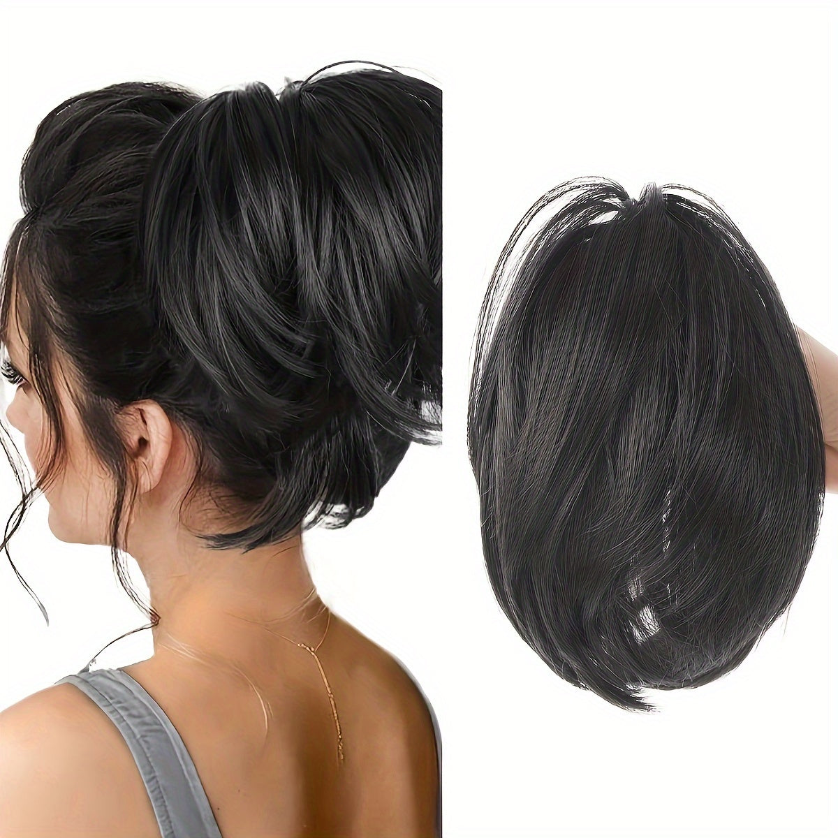 Elegant Messy Bun Hair Clip for Women - 20.32cm Synthetic Straight Ponytail Extension, Black Donut Chignon with Hairpin Comb, Versatile & Heat-Resistant
