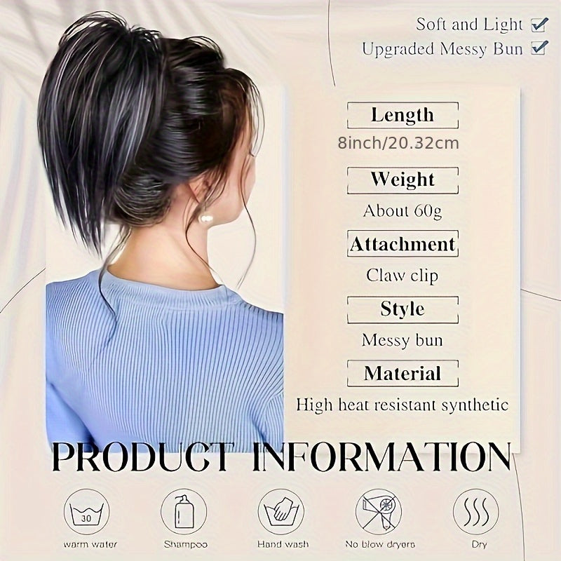 Elegant Messy Bun Hair Clip for Women - 20.32cm Synthetic Straight Ponytail Extension, Black Donut Chignon with Hairpin Comb, Versatile & Heat-Resistant