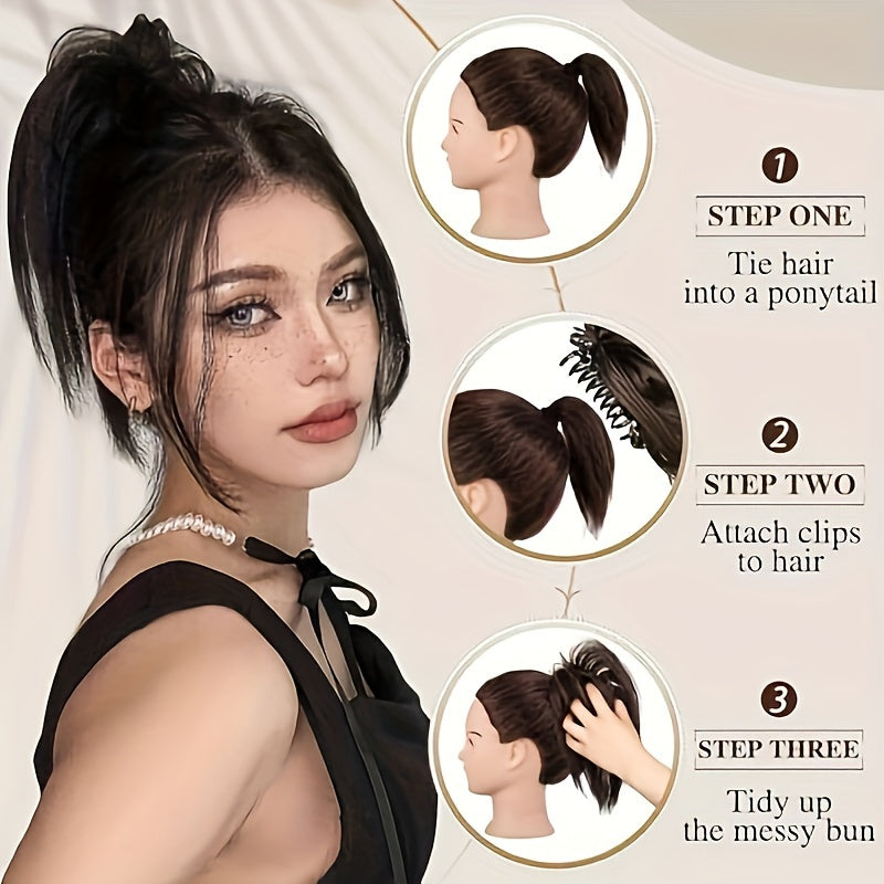 Elegant Messy Bun Hair Clip for Women - 20.32cm Synthetic Straight Ponytail Extension, Black Donut Chignon with Hairpin Comb, Versatile & Heat-Resistant