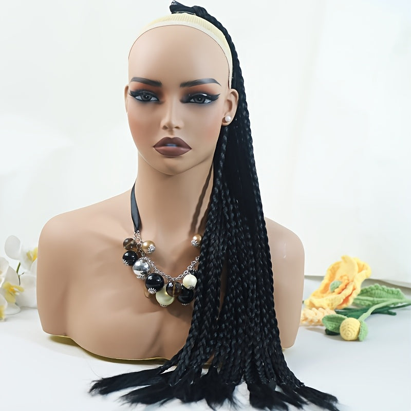 [High-Temperature Synthetic Hair Extension] 24-Strand High-Temperature Synthetic Hair Box Braided Ponytail Extension for Women - Versatile Straight Style in Black & White - Elastic Band Hair Accessories