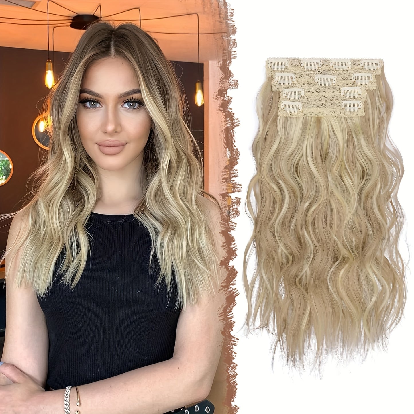FESHFEN Clip In Hair Extensions 4pcs Long Wavy Thick Hair Piece Highlighted Full Head Synthetic Natural Curly Extension For Women, 40.64 cm