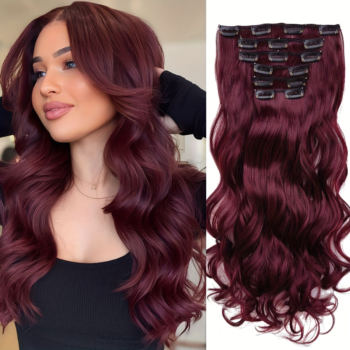 Clip-In Long Wavy Synthetic Hair Extension 20 Inches - Deep Brown & Light Brown Thick Voluminous Curly Wave Hairpiece for Women, Natural Look for Daily Wear & Special Occasions, Versatile Hairpiece, Secure Clip Attachment