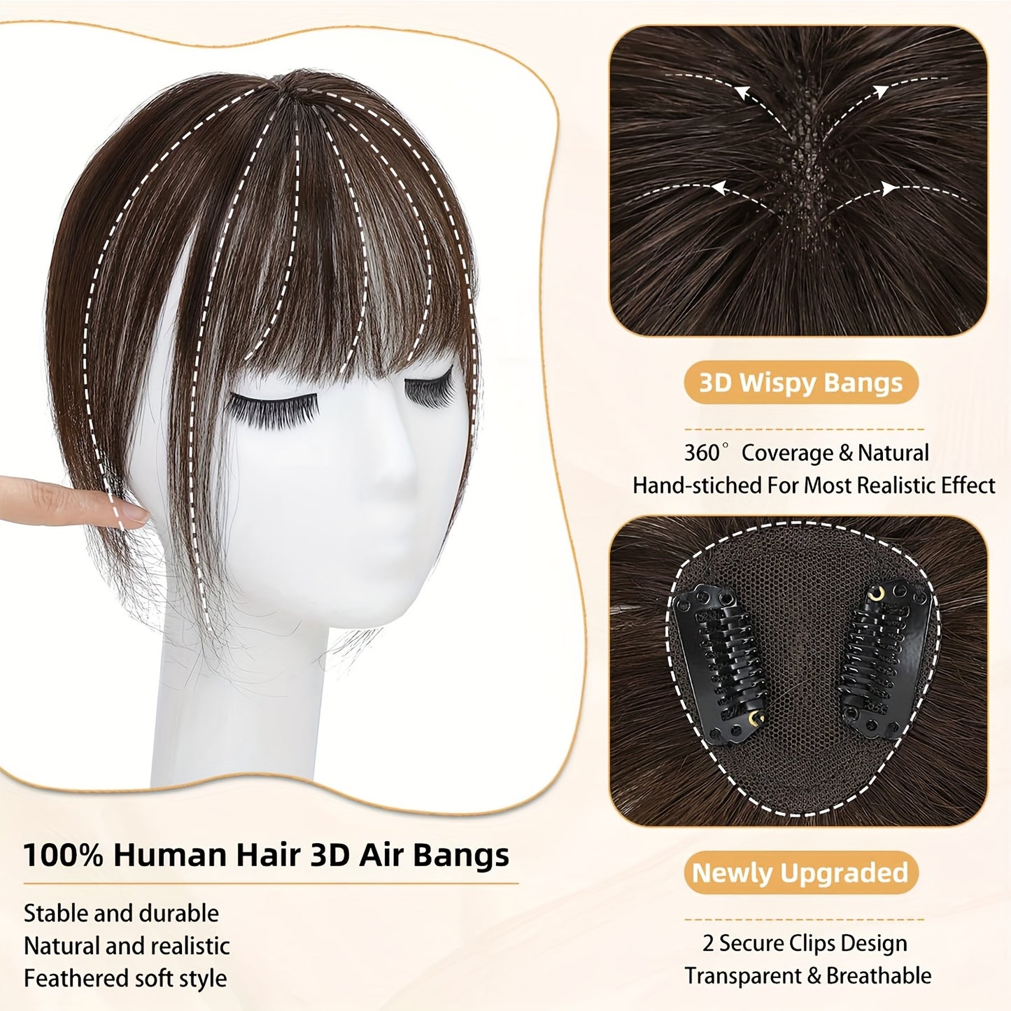 Mother's Day Thin 3D Wispy Air Fringe Bangs Clip in 100% Real Remy Human Hair Front Hairpiece 360° Cover Easy to Install Black Brown