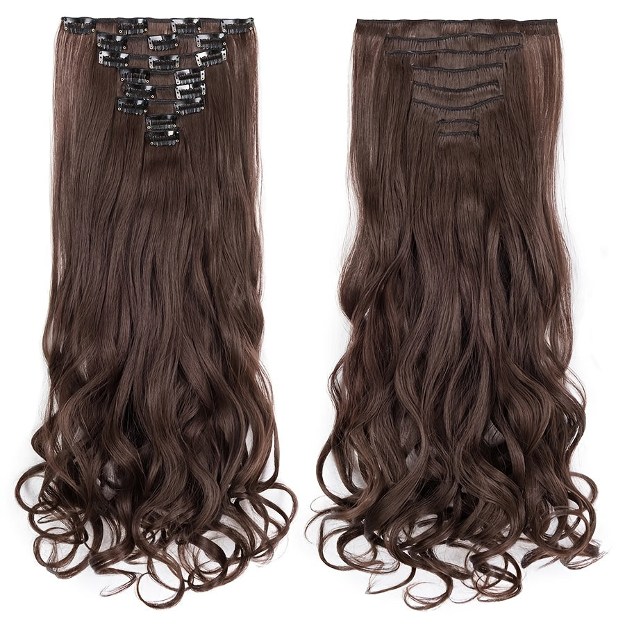 8pcs Long Clip-In Hair Extensions - Voluminous Waves, Light to Dark Brown Gradient, Synthetic Fiber Hairpiece with Clips for Women - Wedding, Party, Everyday Volume & Length - Adds Instant Length & Body