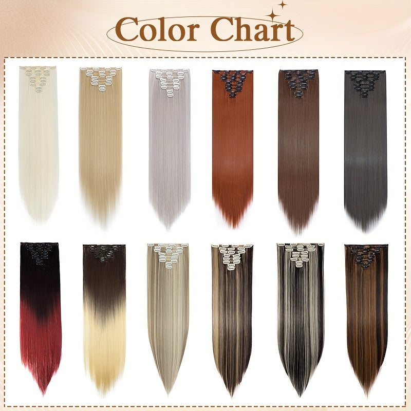8pcs/Set Clip In Hair Extensions Straight 23inch/58cm Long Thick Synthetic Hair Piece High Temperature Fiber Double Weft Heat Resistant Fiber 8pcs Full Head Clip In Hairpieces Highlight Pure Colors for Women Daily Party Festival Gift