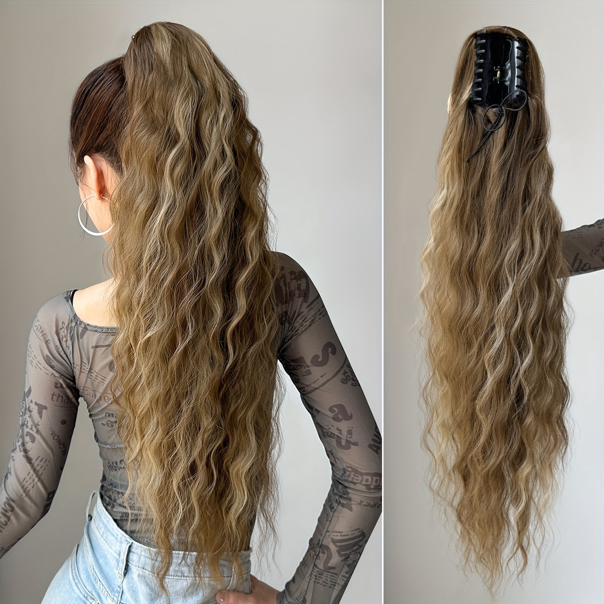 [28" Brown Ponytail] YUSULAXI 28-Inch Brown Wavy Ponytail Extension | High Temperature Fiber Clip-In Tailpiece | Synthetic Hairpiece for Ladies