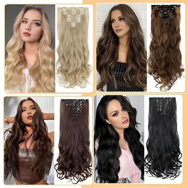 8pcs Long Clip-In Hair Extensions - Voluminous Waves, Light to Dark Brown Gradient, Synthetic Fiber Hairpiece with Clips for Women - Wedding, Party, Everyday Volume & Length - Adds Instant Length & Body