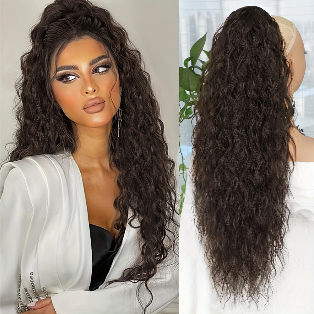 [28" Brown Ponytail] YUSULAXI 28-Inch Brown Wavy Ponytail Extension | High Temperature Fiber Clip-In Tailpiece | Synthetic Hairpiece for Ladies