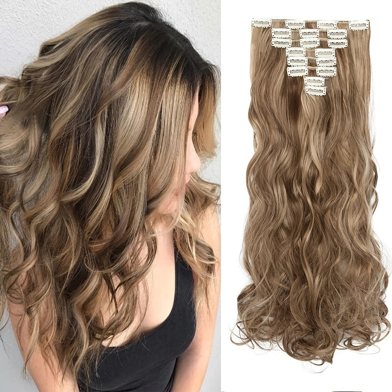 8pcs Long Clip-In Hair Extensions - Voluminous Waves, Light to Dark Brown Gradient, Synthetic Fiber Hairpiece with Clips for Women - Wedding, Party, Everyday Volume & Length - Adds Instant Length & Body