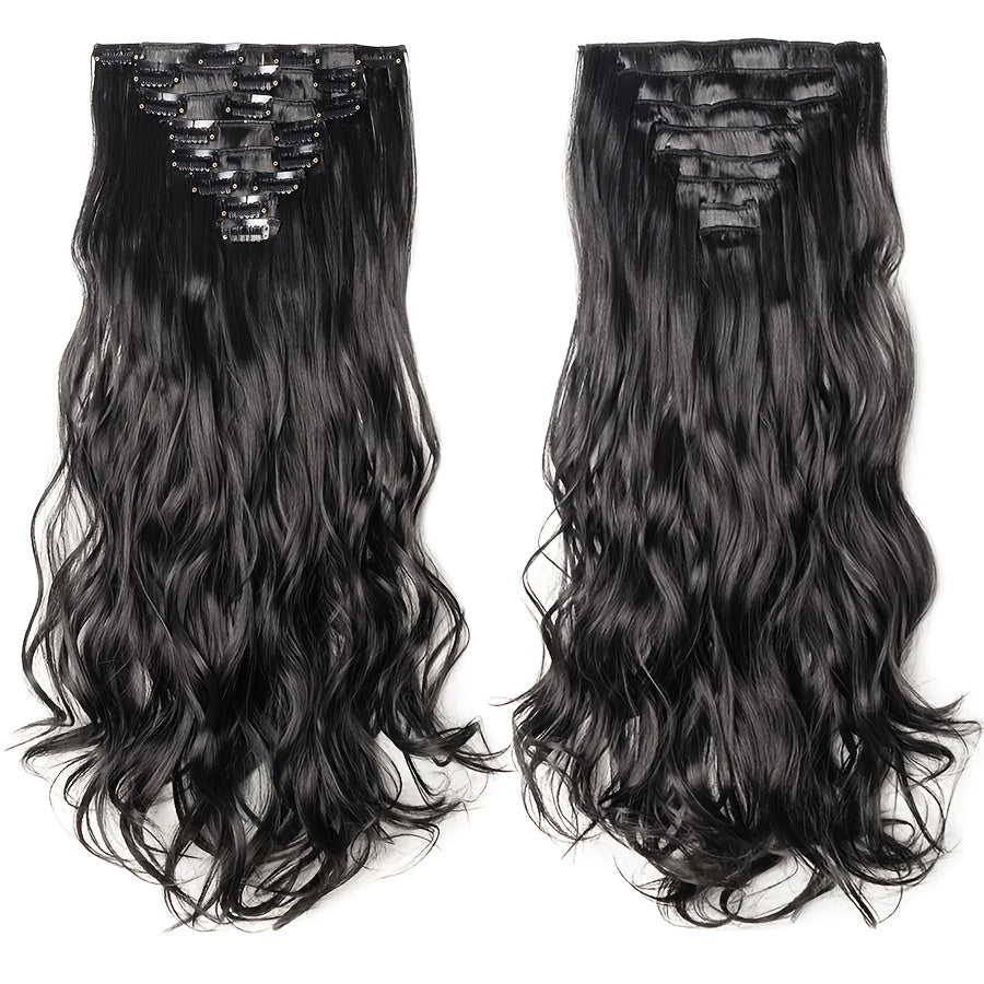 8pcs Long Clip-In Hair Extensions - Voluminous Waves, Light to Dark Brown Gradient, Synthetic Fiber Hairpiece with Clips for Women - Wedding, Party, Everyday Volume & Length - Adds Instant Length & Body