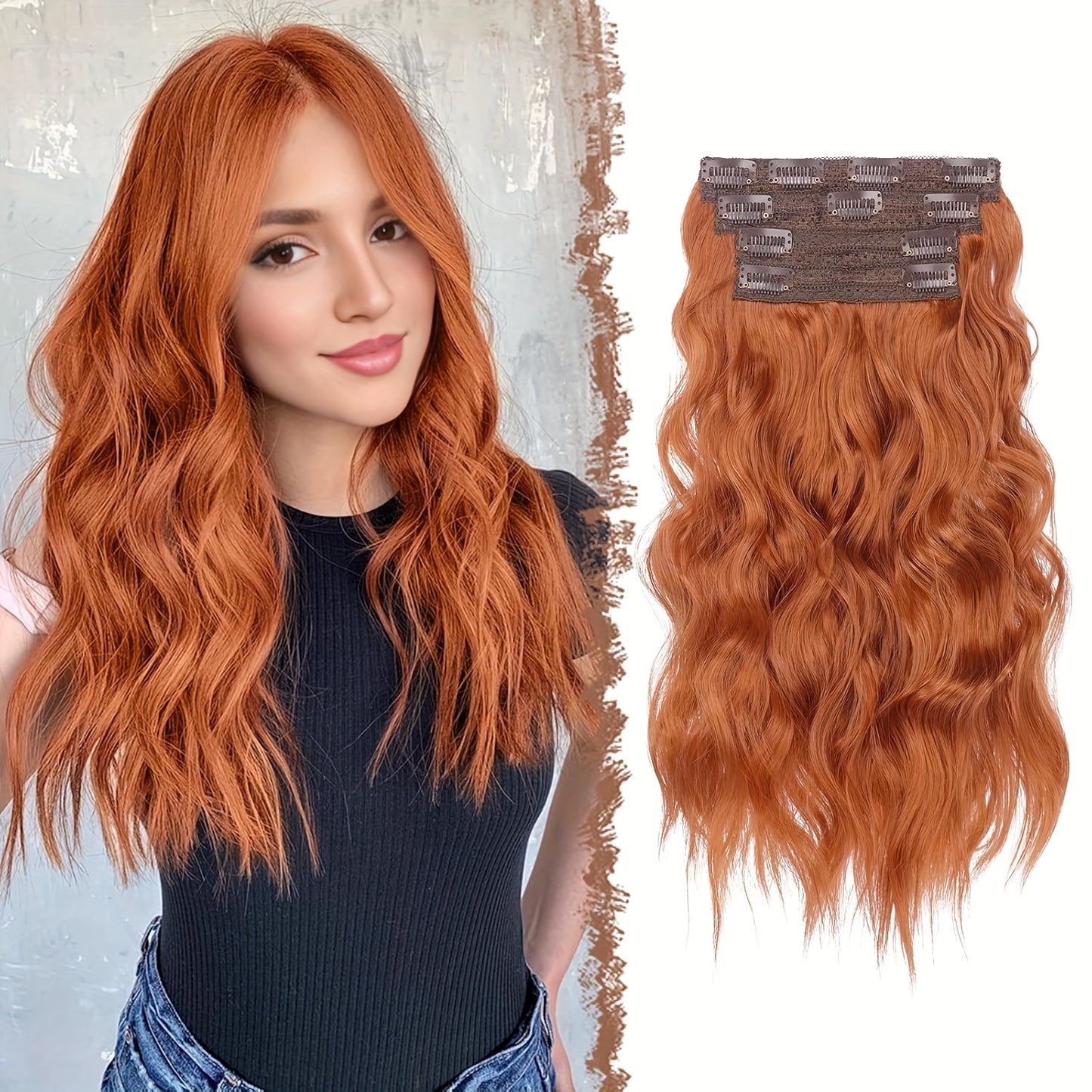 FESHFEN Clip In Hair Extensions 4pcs Long Wavy Thick Hair Piece Highlighted Full Head Synthetic Natural Curly Extension For Women, 40.64 cm