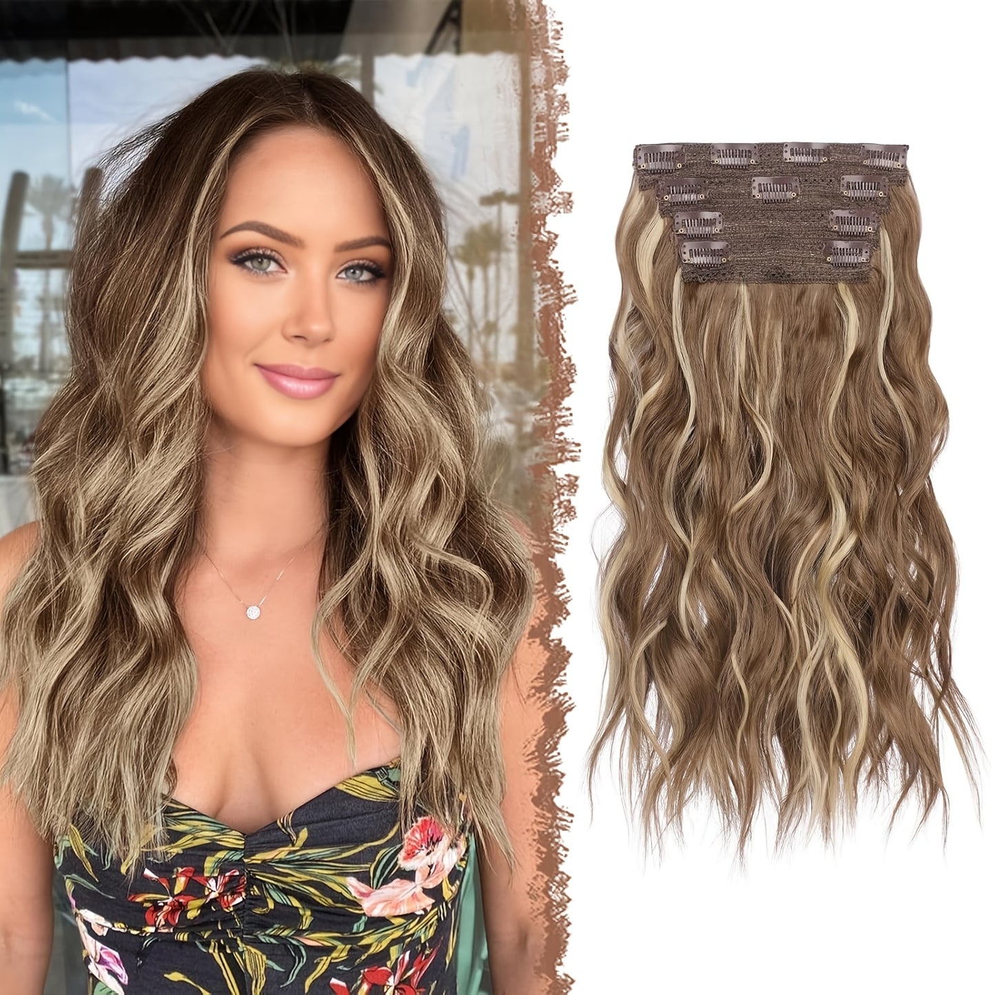 FESHFEN Clip In Hair Extensions 4pcs Long Wavy Thick Hair Piece Highlighted Full Head Synthetic Natural Curly Extension For Women, 40.64 cm