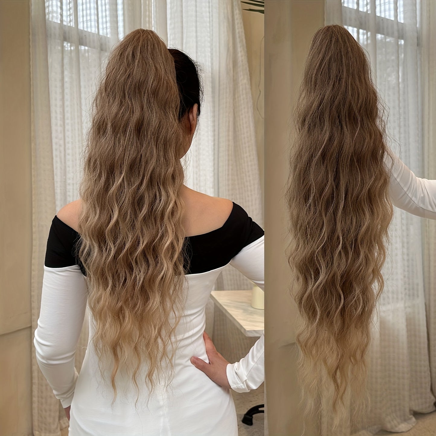 [28" Brown Ponytail] YUSULAXI 28-Inch Brown Wavy Ponytail Extension | High Temperature Fiber Clip-In Tailpiece | Synthetic Hairpiece for Ladies