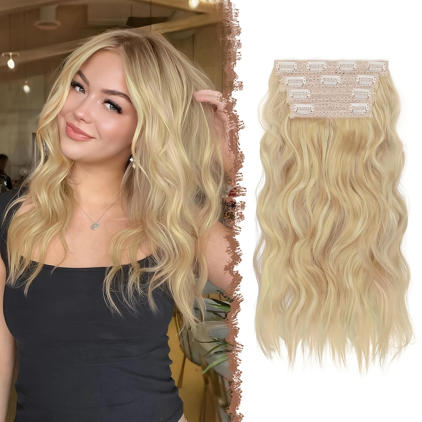 FESHFEN Clip In Hair Extensions 4pcs Long Wavy Thick Hair Piece Highlighted Full Head Synthetic Natural Curly Extension For Women, 40.64 cm