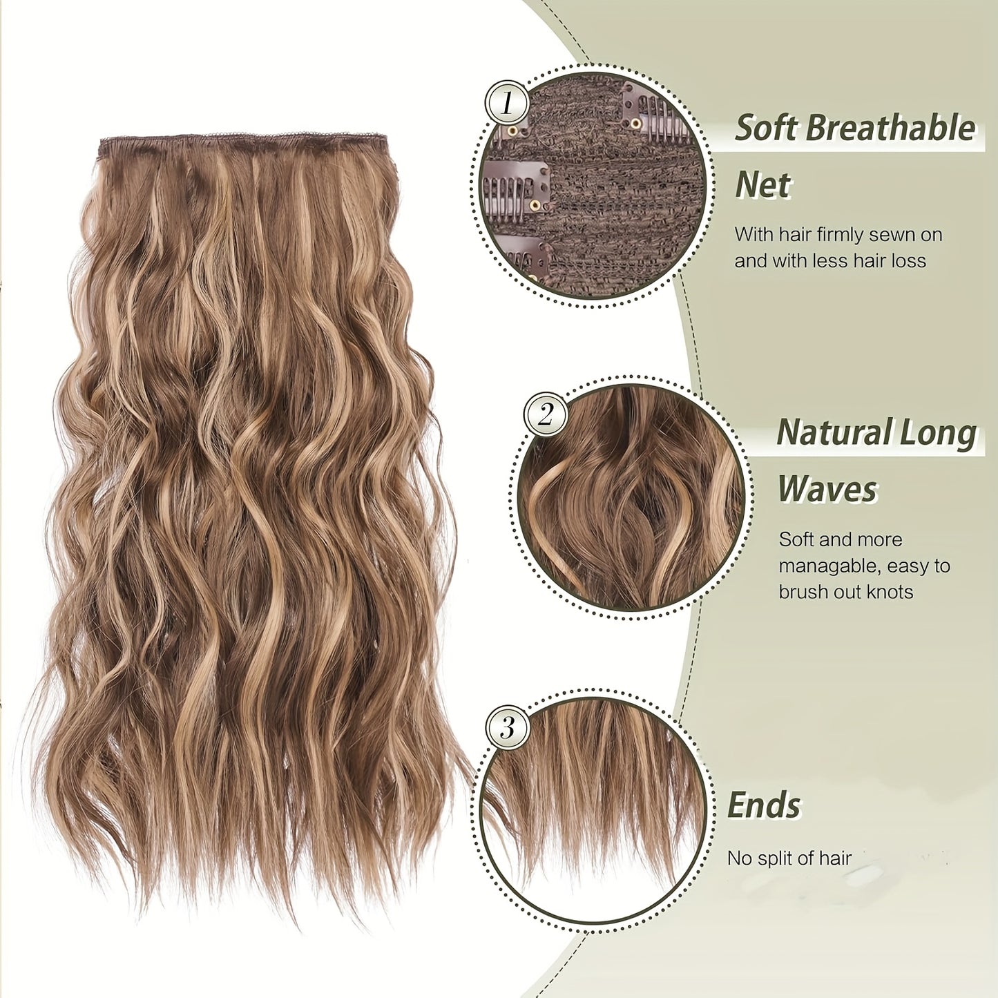 FESHFEN Clip In Hair Extensions 4pcs Long Wavy Thick Hair Piece Highlighted Full Head Synthetic Natural Curly Extension For Women, 40.64 cm