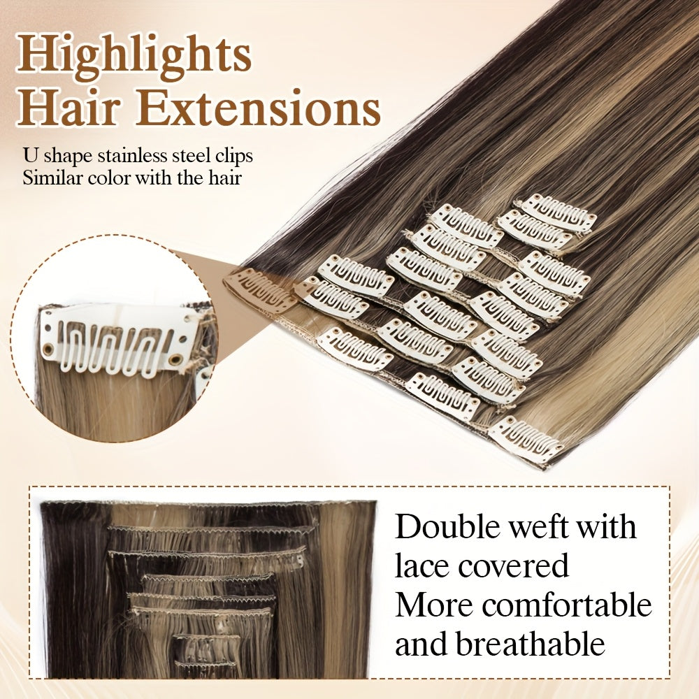 8pcs/Set Clip In Hair Extensions Straight 23inch/58cm Long Thick Synthetic Hair Piece High Temperature Fiber Double Weft Heat Resistant Fiber 8pcs Full Head Clip In Hairpieces Highlight Pure Colors for Women Daily Party Festival Gift