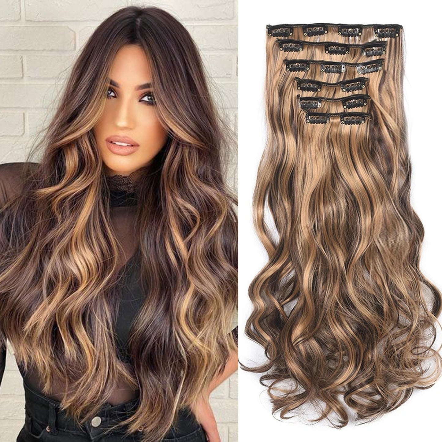 Clip-In Long Wavy Synthetic Hair Extension 20 Inches - Deep Brown & Light Brown Thick Voluminous Curly Wave Hairpiece for Women, Natural Look for Daily Wear & Special Occasions, Versatile Hairpiece, Secure Clip Attachment