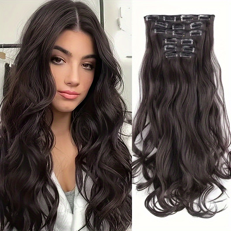 Clip-In Long Wavy Synthetic Hair Extension 20 Inches - Deep Brown & Light Brown Thick Voluminous Curly Wave Hairpiece for Women, Natural Look for Daily Wear & Special Occasions, Versatile Hairpiece, Secure Clip Attachment