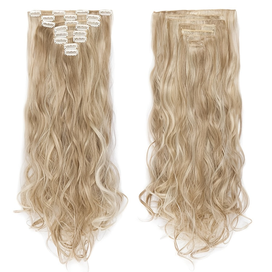 8pcs Long Clip-In Hair Extensions - Voluminous Waves, Light to Dark Brown Gradient, Synthetic Fiber Hairpiece with Clips for Women - Wedding, Party, Everyday Volume & Length - Adds Instant Length & Body